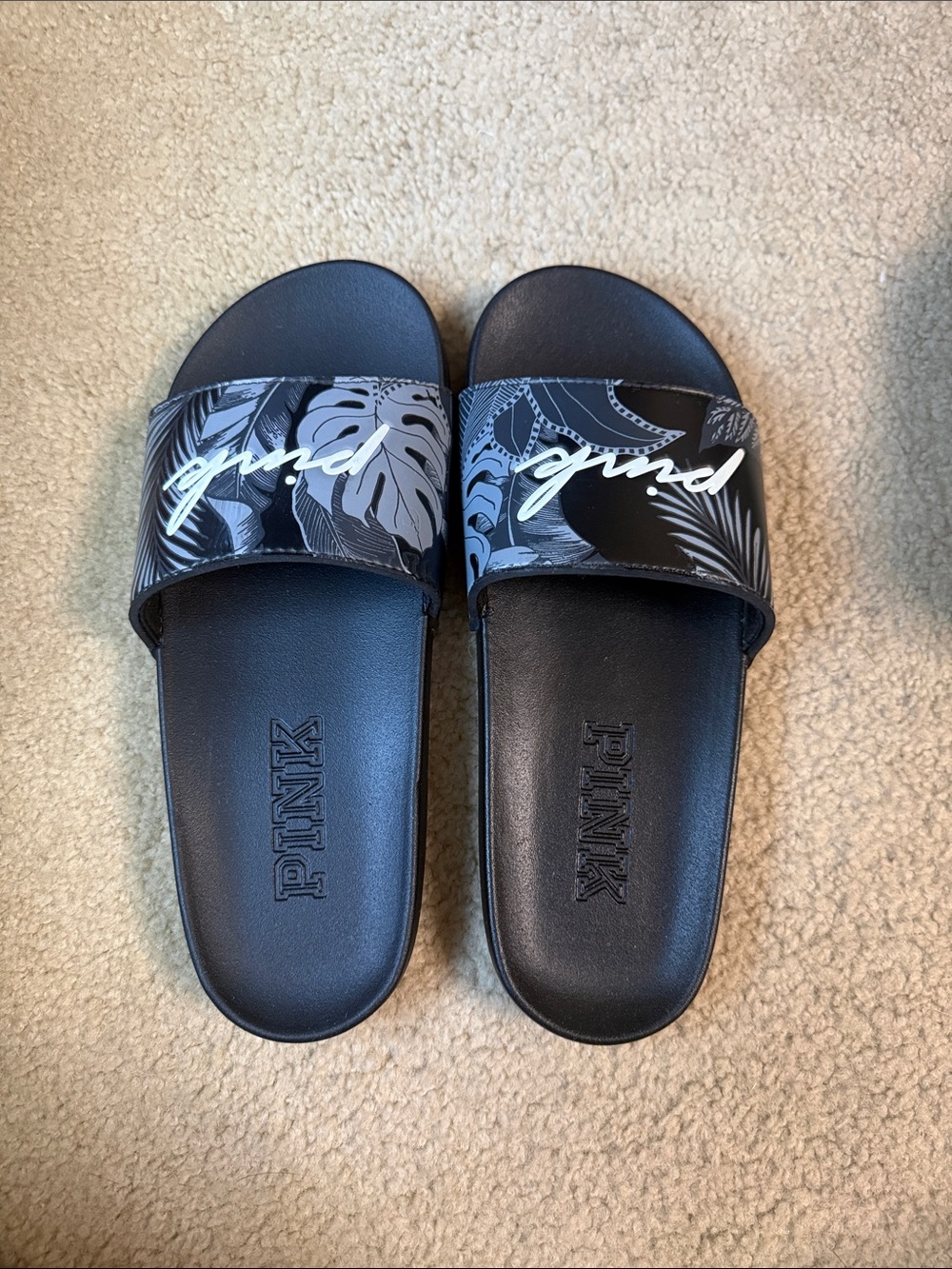 PINK Victoria's Secret Black Tropical-Print Slide Sandals